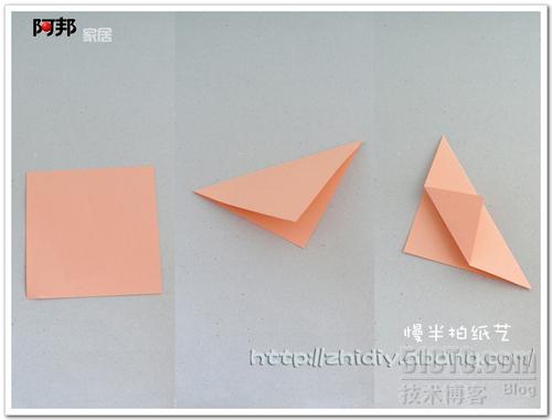 1,取一方形的纸,对折成三角形,然后把其中一角向上折起.